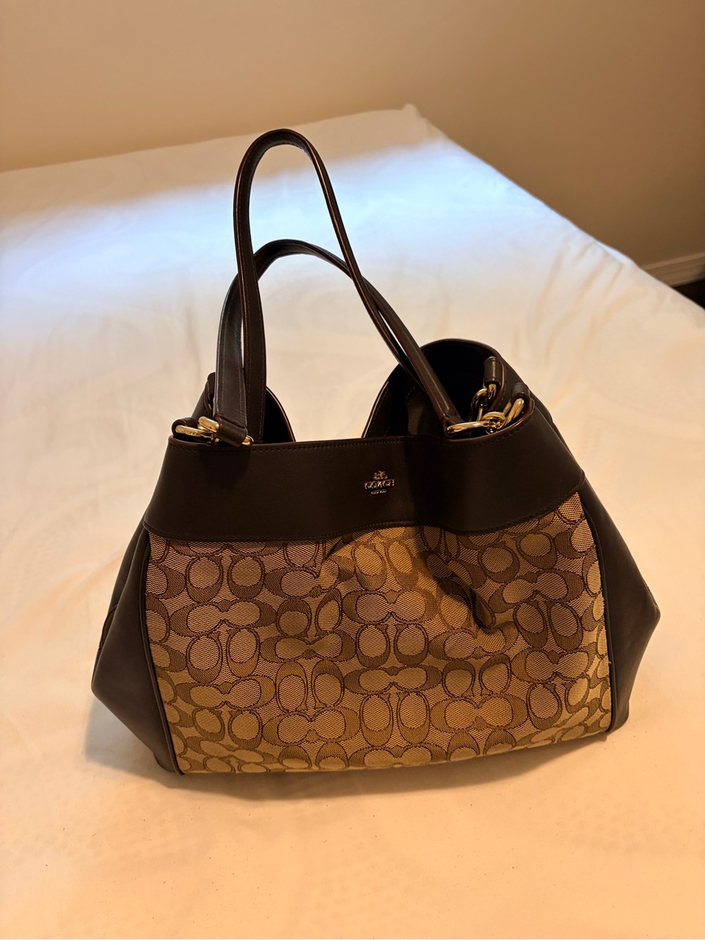 Coach Brown Signature Canvas Shoulder Tote with Dark Brown Leather Trim
